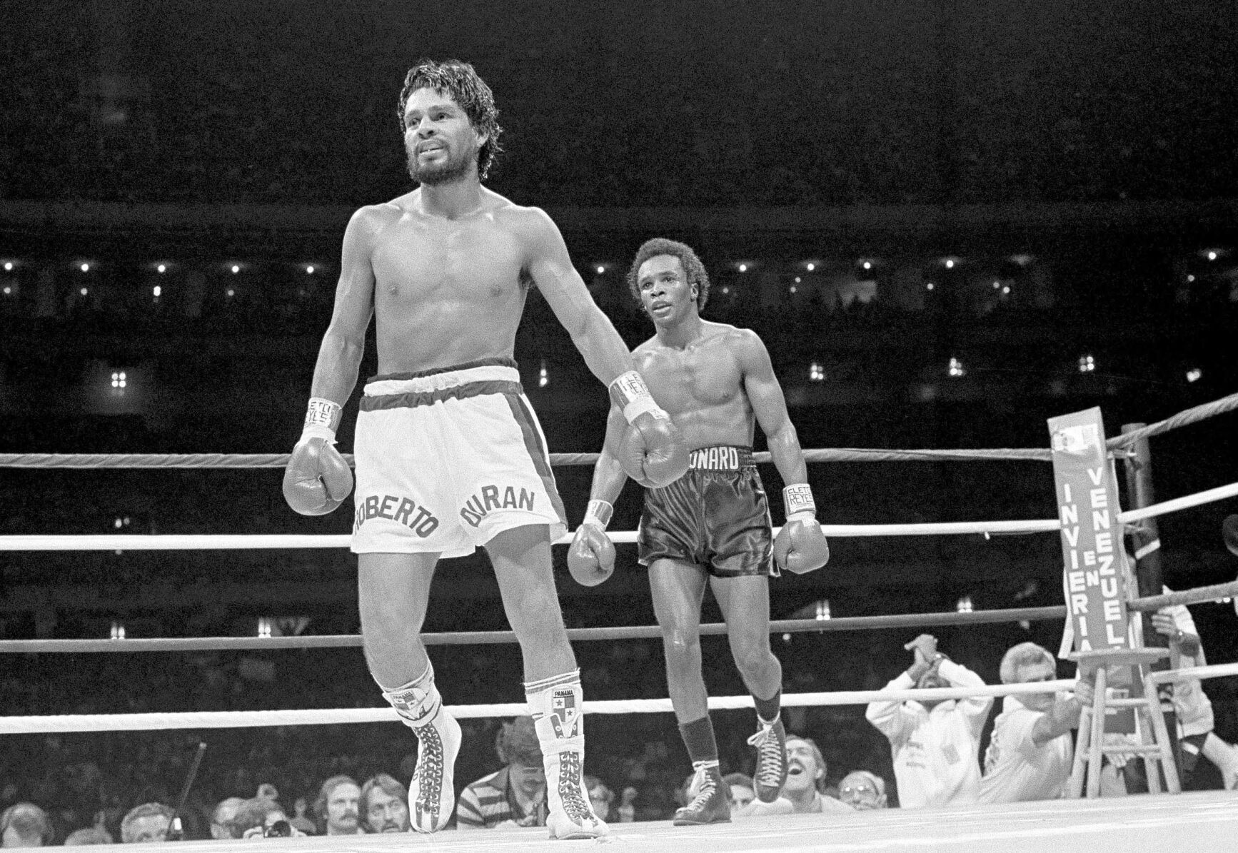1980: Roberto Duran quits in 8th round of welterweight title fight against Sugar Ray Leonard